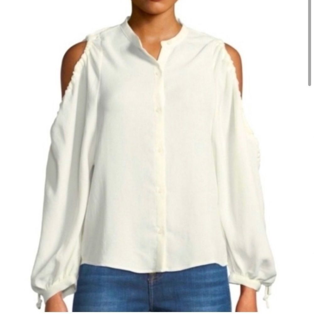 New 7 for all mankind cold shoulder long puff sleeve Japanese fabric blouse